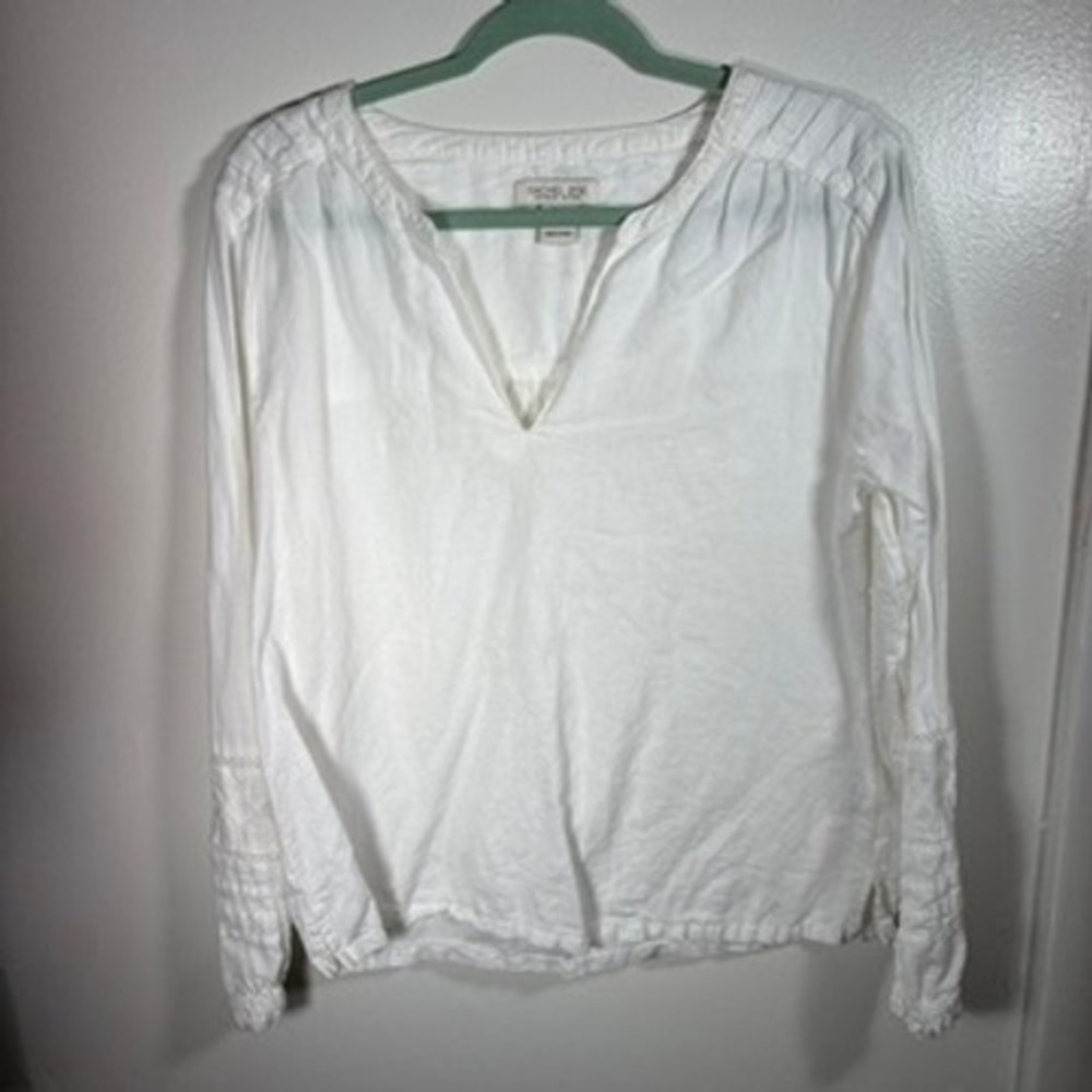 Rachel Zoe Linen Cotton Peasant Blouse Women Sz L White Boho Lace Trim Vneck Top
